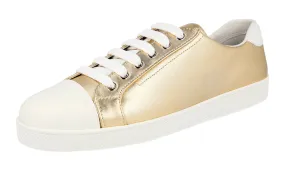 Prada Women's Gold Leather Sneaker 1E663I Full Comfort Cushioned Tongue