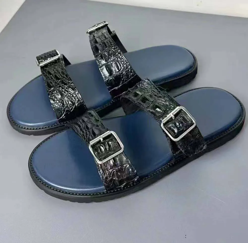 Crocodile Shoes Crocodile Leather Slippers Black Canvas Upper