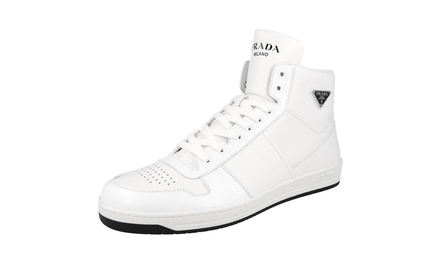Clean Finish Prada Men's White Leather Downtown High-Top Sneaker 2TE183