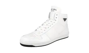 Clean Finish Prada Men's White Leather Downtown High-Top Sneaker 2TE183