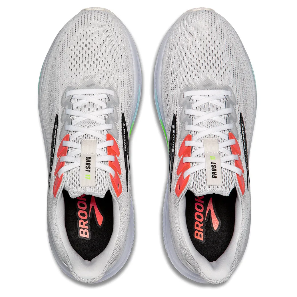 Mens Brooks Running Ghost 17 in White/Pink Clay/Gecko Stretchable Smooth Lining