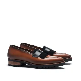City Dash Flight Day Cognac Calf & Suede Black Fringe Penny Loafer