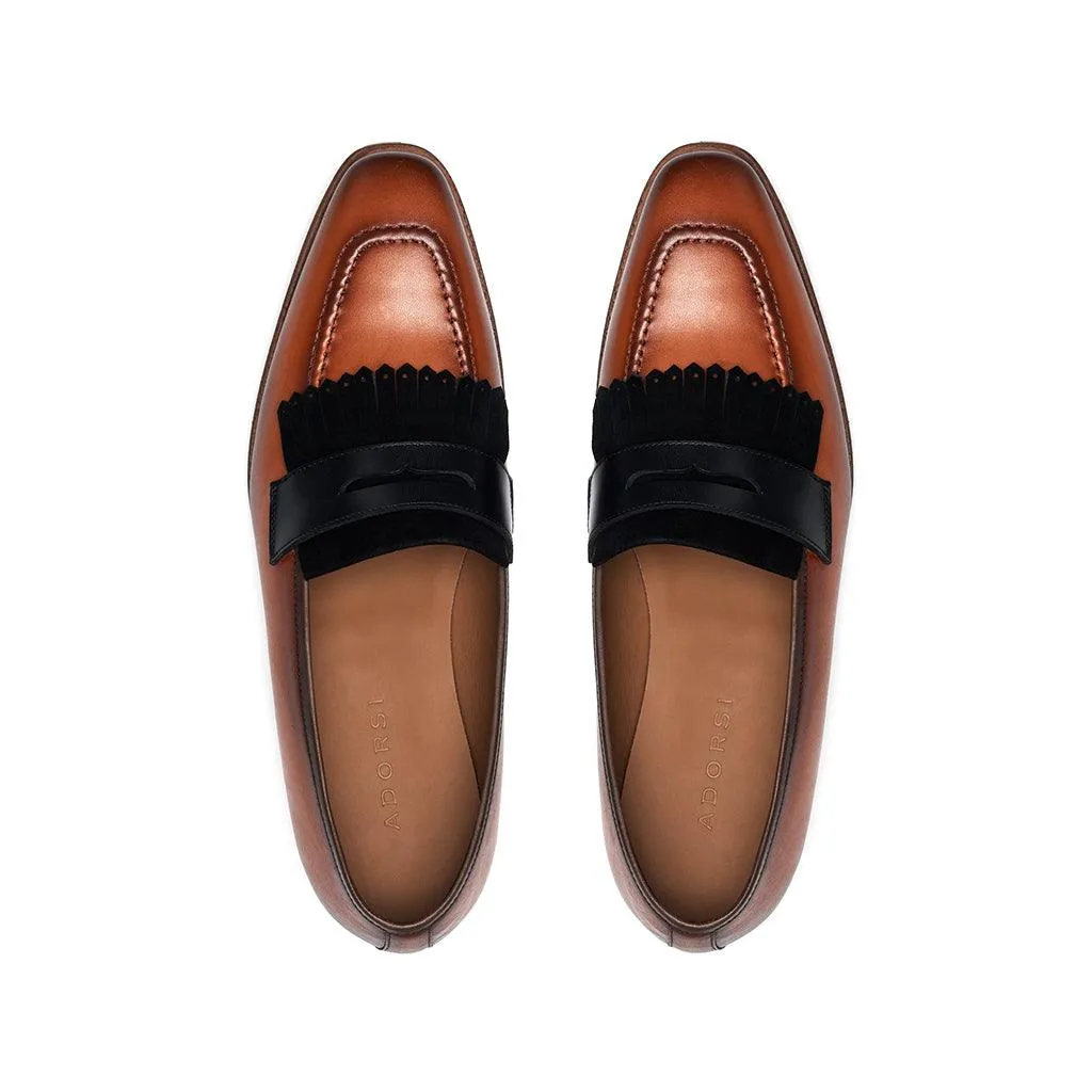 Party Ease Moisture wicking Cognac Calf & Suede Black Fringe Penny Loafer