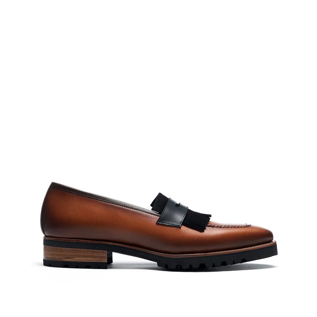 Cognac Calf & Suede Black Fringe Penny Loafer Foot Ease