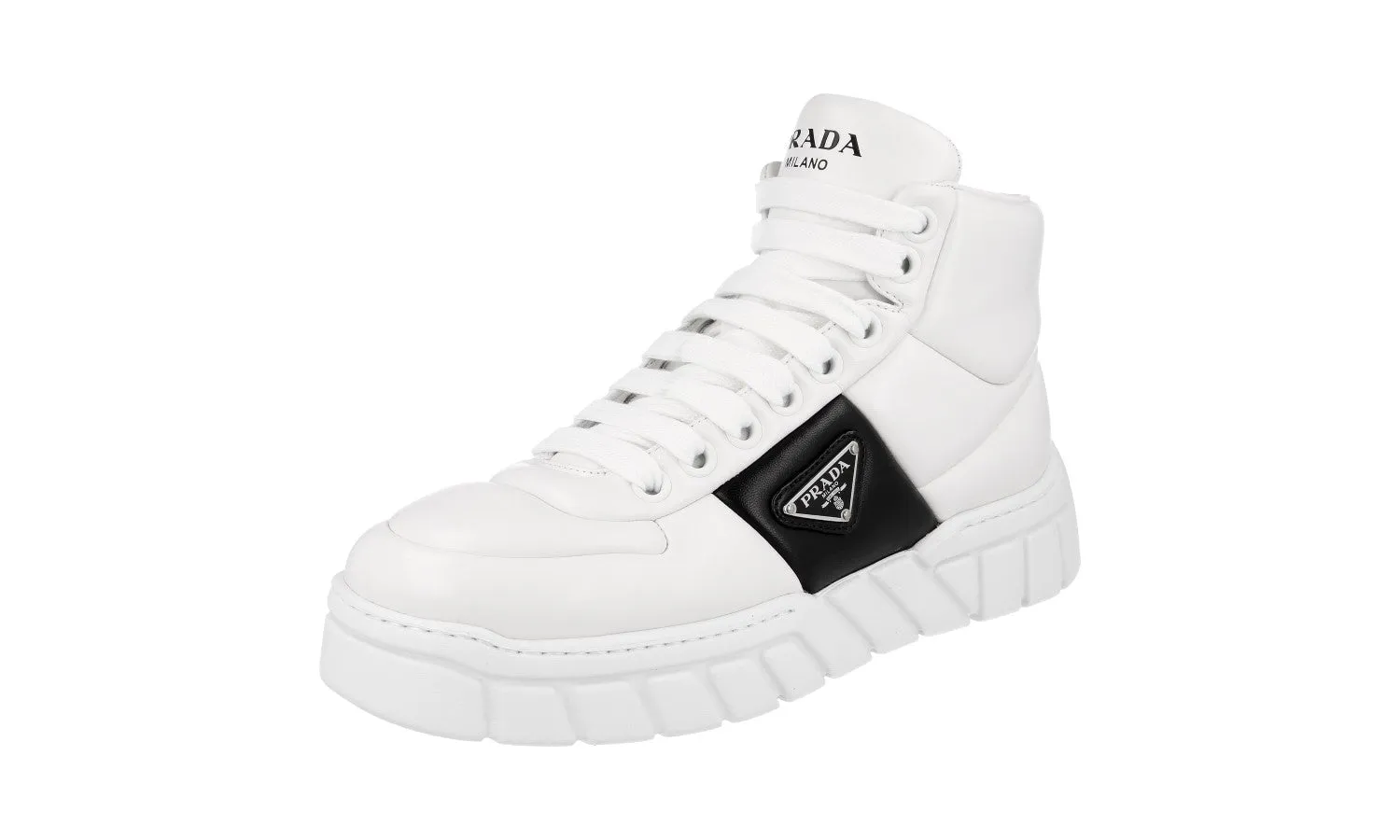 Adaptive Heel Lock 3D Knit Engineering Prada Men's White Leather Padded Nappa High-Top Sneaker 2TE193