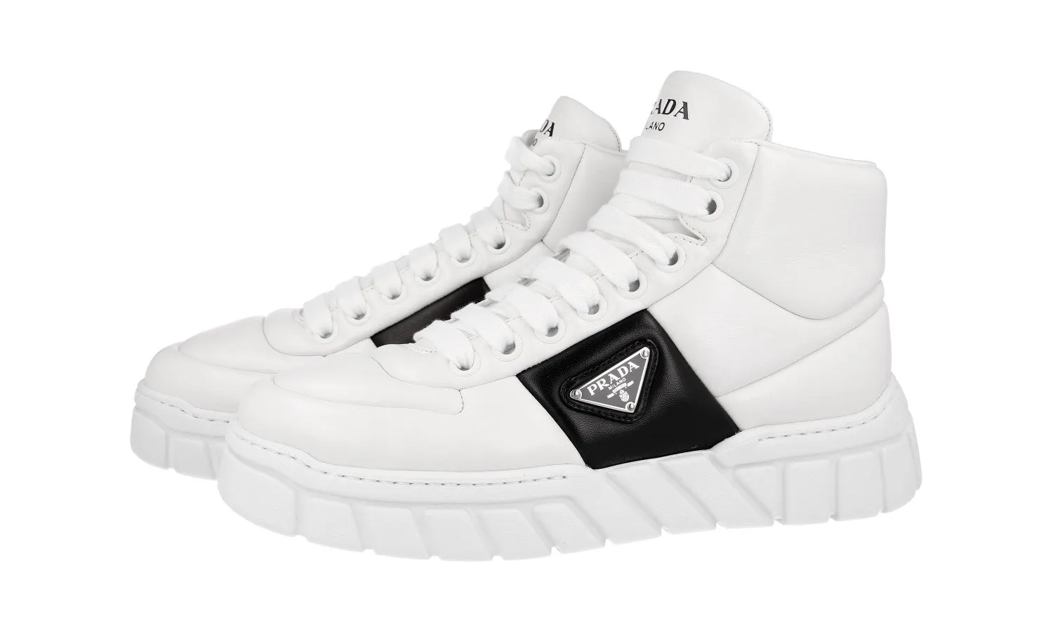Prada Men's White Leather Padded Nappa High-Top Sneaker 2TE193 Foot Tech Slip Zone