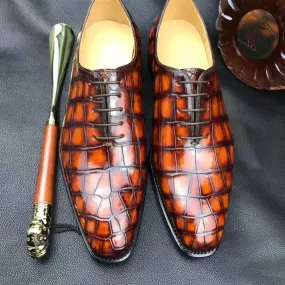 Crocodile Shoes Burnished Tan Derby Crocodile Belly  Leather Lace-Up Shoes For Men School Game Narrow Fit