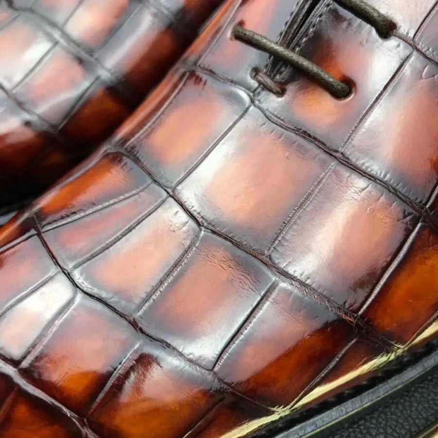 Crocodile Shoes Burnished Tan Derby Crocodile Belly  Leather Lace-Up Shoes For Men Trendy Step Street Fair