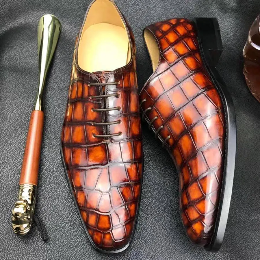 Crocodile Shoes Burnished Tan Derby Crocodile Belly  Leather Lace-Up Shoes For Men Easy Walk Hill Walk