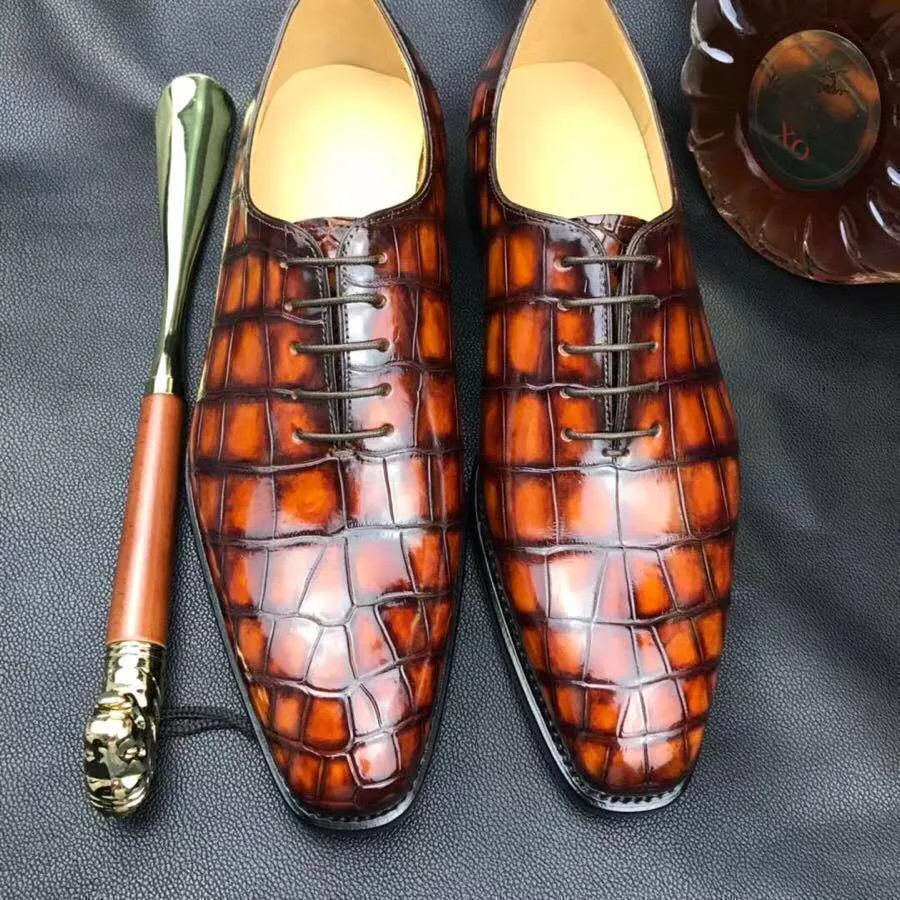 Crocodile Shoes Burnished Tan Derby Crocodile Belly  Leather Lace-Up Shoes For Men School Game Narrow Fit
