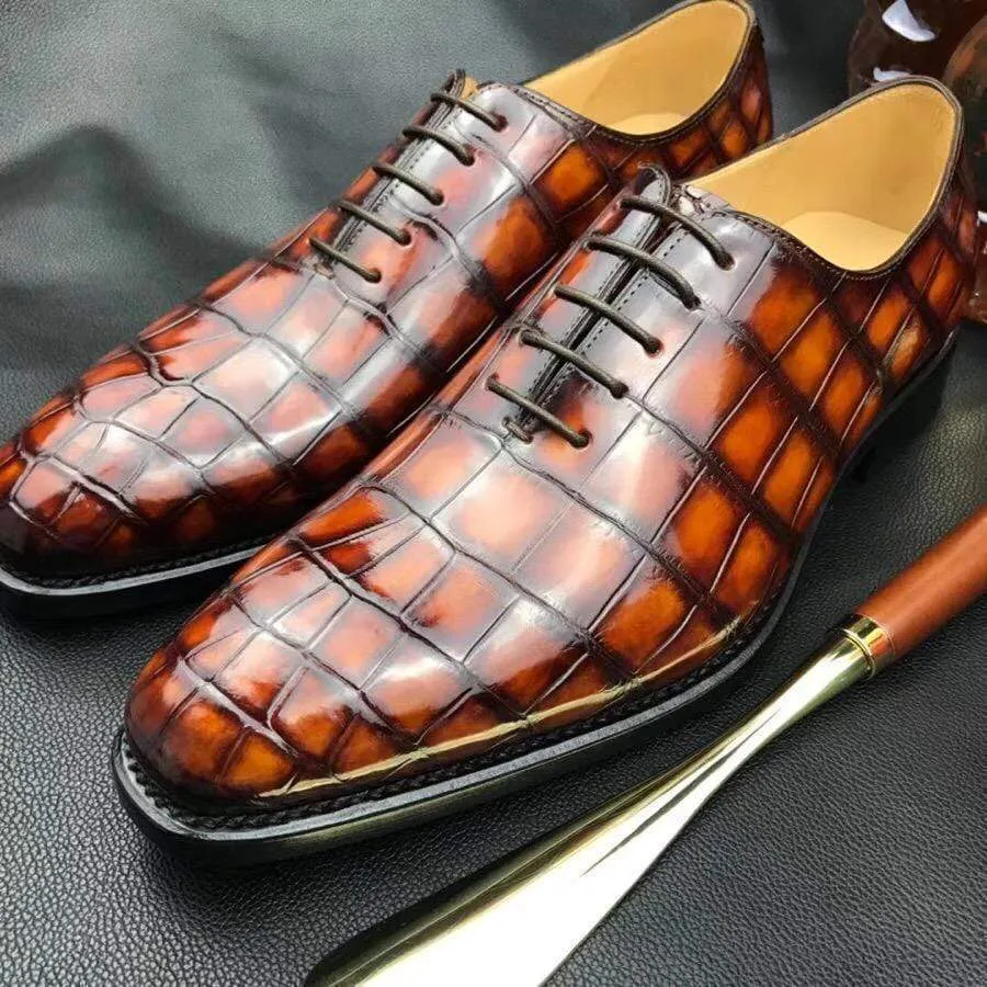 Street Music Relaxing Footwear Style Crocodile Shoes Burnished Tan Derby Crocodile Belly  Leather Lace-Up Shoes For Men