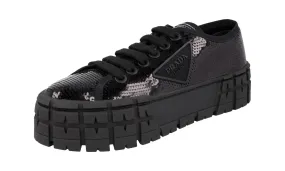 Day Wear Foot Soft Prada Women's Black Cassetta  Double Wheel Sequin Sneaker 1E787M