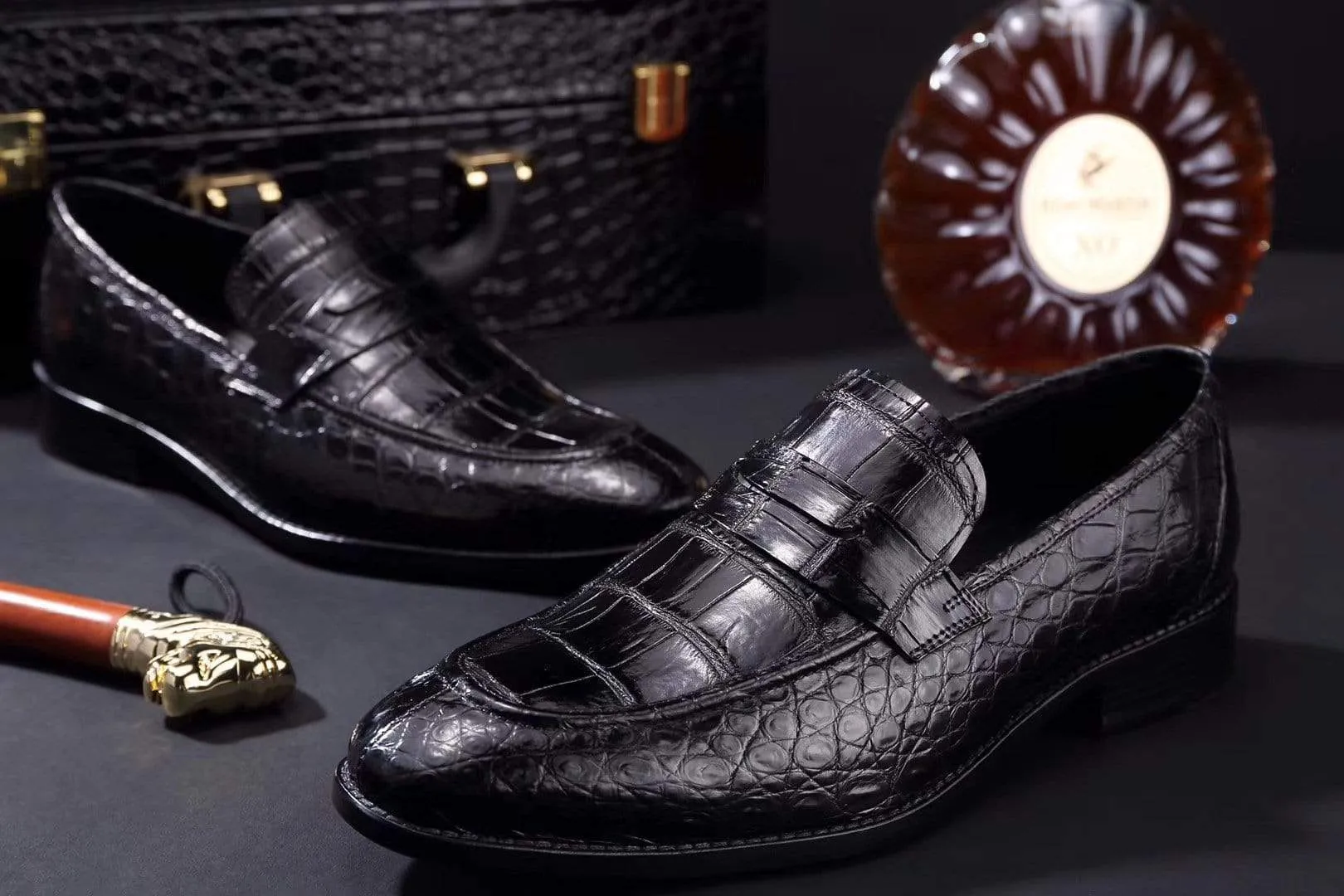 Deck Walk Sky View Crocodile Shoes Mens Crocodile Leather Penny Loafer Shoes Black