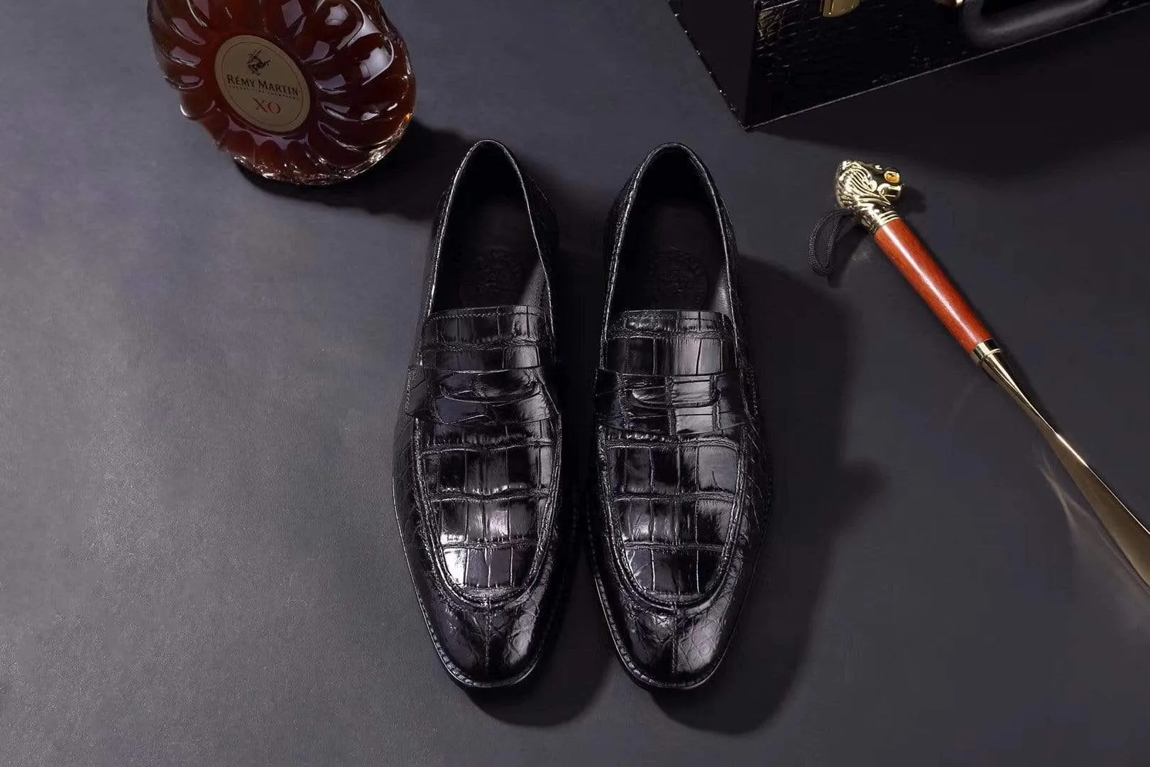 Effortless Walking Shoes Crocodile Shoes Mens Crocodile Leather Penny Loafer Shoes Black