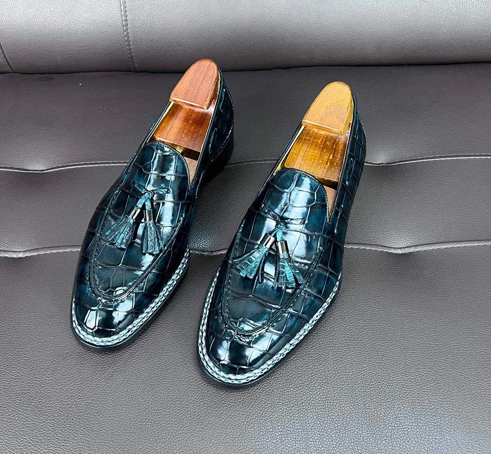 Crocodile Leather Loafer Shoes Norwegian Sewn Shoes With Tassels Vintage Green Roof Top Beach Mood