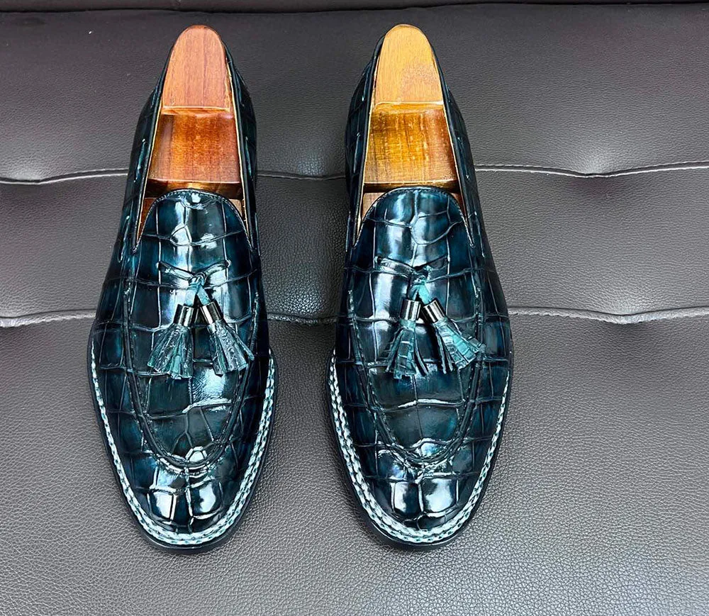 Crocodile Leather Loafer Shoes Norwegian Sewn Shoes With Tassels Vintage Green Morning Step Scent Walk