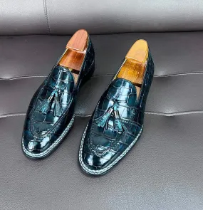 Casual Cushion Crocodile Leather Loafer Shoes Norwegian Sewn Shoes With Tassels Vintage Green