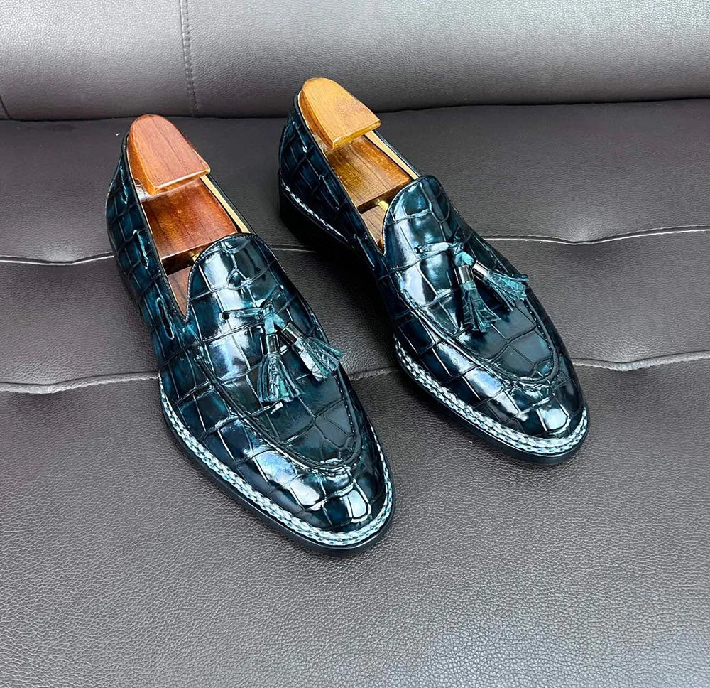 Street Fest Pointed Toe Crocodile Leather Loafer Shoes Norwegian Sewn Shoes With Tassels Vintage Green