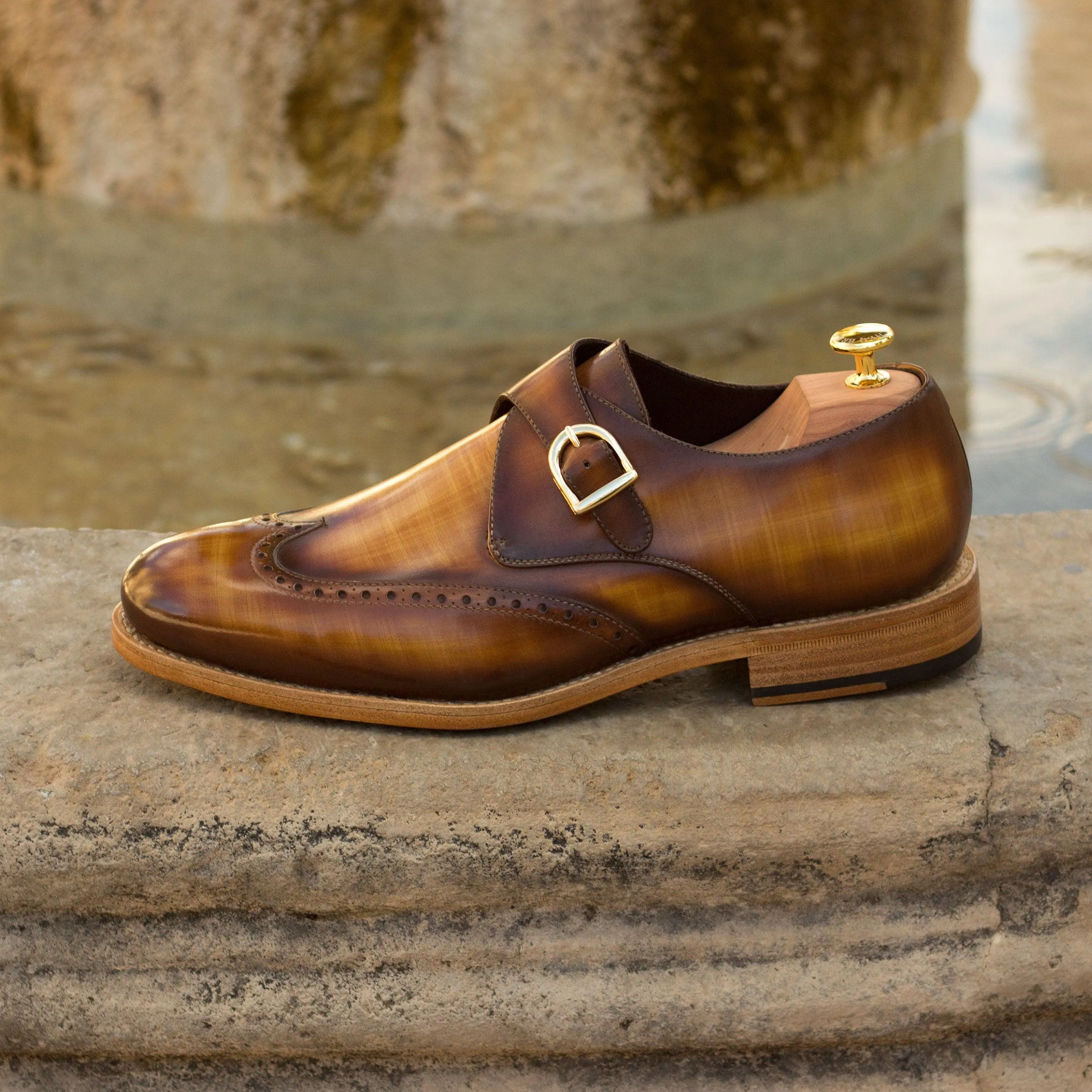 Chic Details Mark Style Cognac Patina Leather Single Monk Shoes