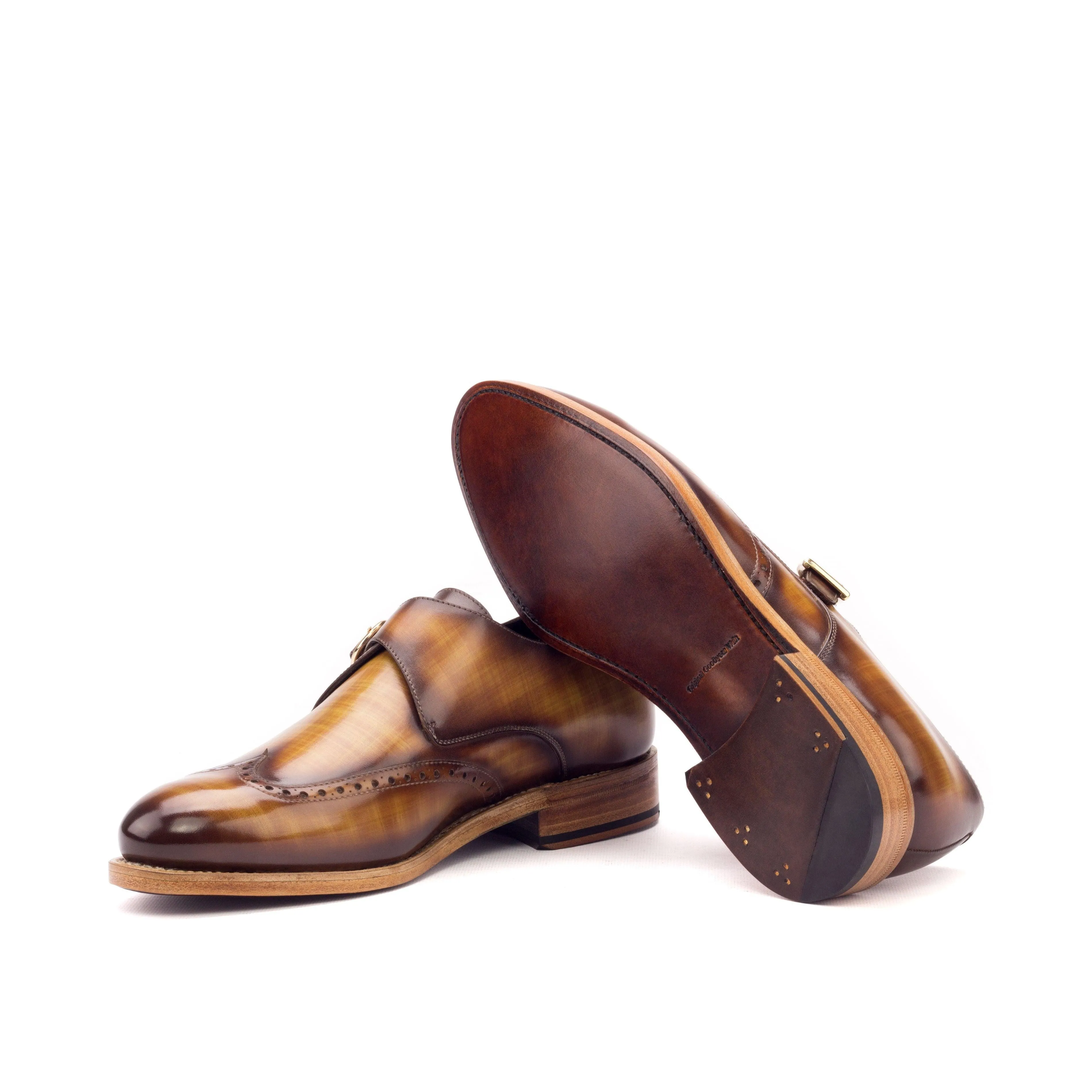 Slim Profile Fresh Walk Cognac Patina Leather Single Monk Shoes