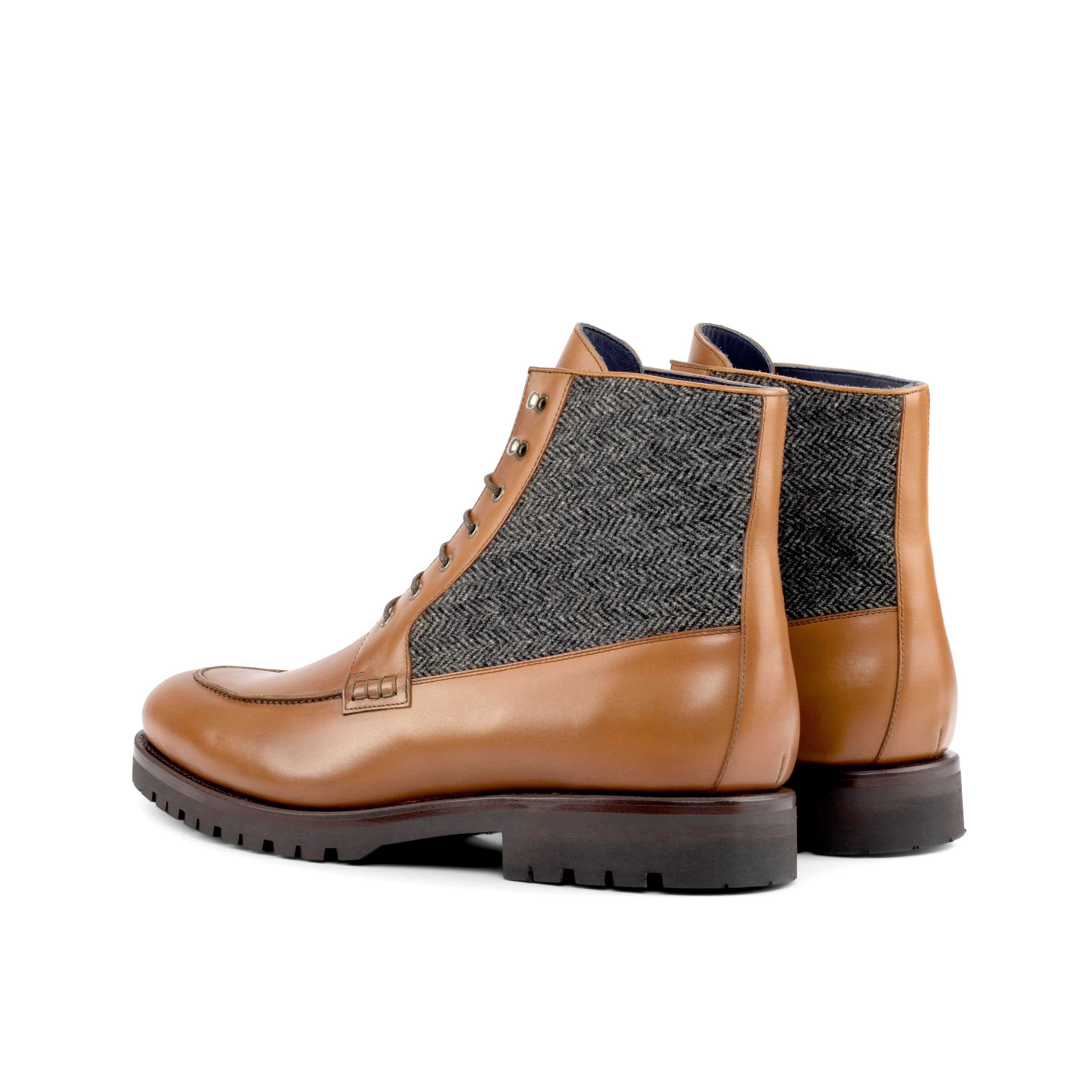 Rich Tone Medium Brown Calf Leather & Herringbone Moc-Toe Boots