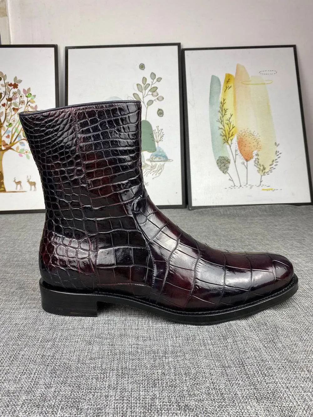 Mens Boots ,Crocodile Boots,Crocodile Shoes , Mens Crocodile Leather Side Zipper Boots Scent Path Comfortable Design Shoes