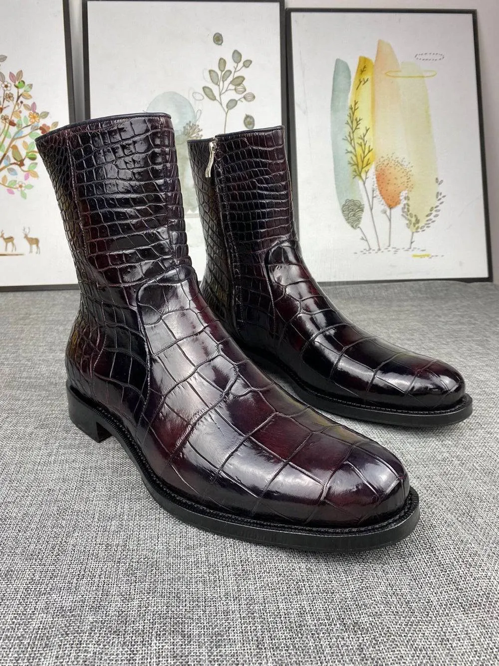Mens Boots ,Crocodile Boots,Crocodile Shoes , Mens Crocodile Leather Side Zipper Boots Airy Walk