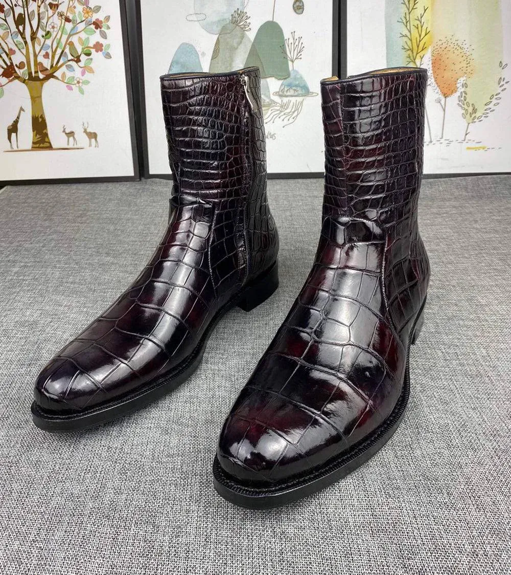 Mens Boots ,Crocodile Boots,Crocodile Shoes , Mens Crocodile Leather Side Zipper Boots Country Glow