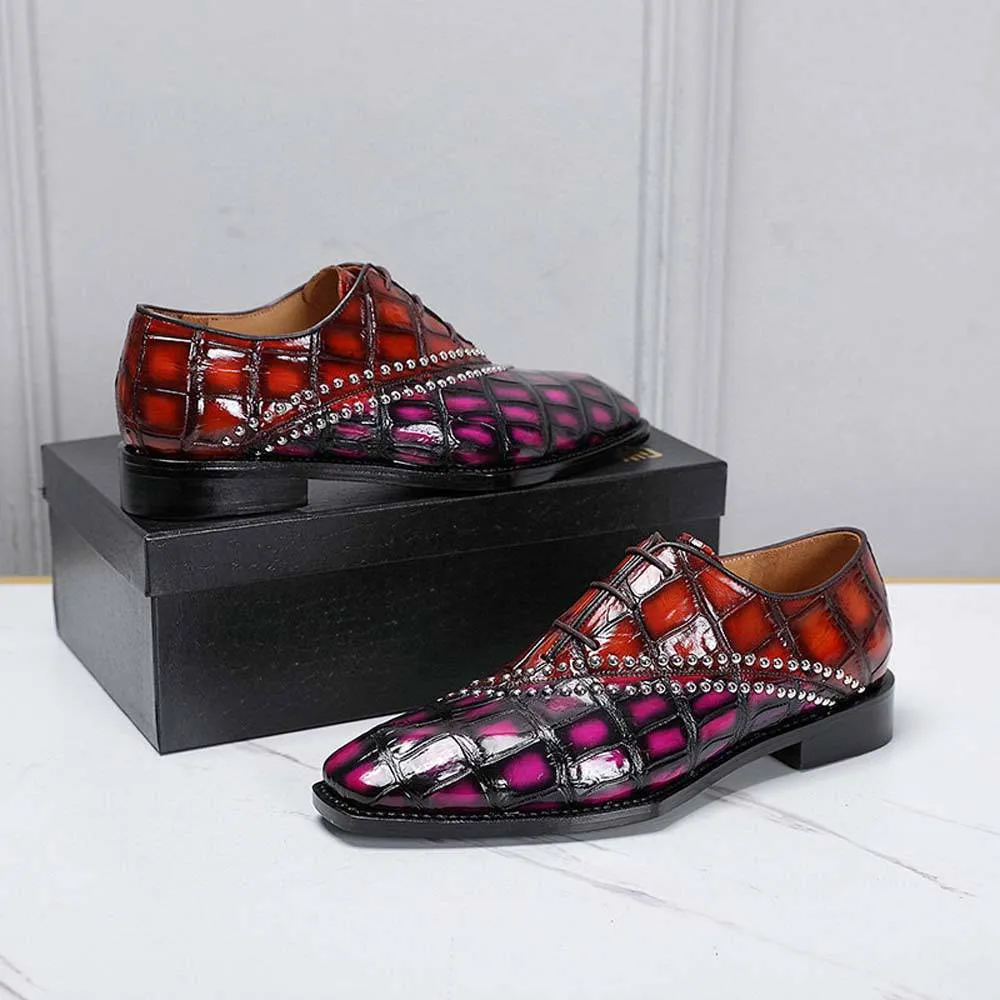 Leaf Fall Trade Walk Crocodile Shoes Men's Crocodile Leather Shoes Lace Up Shoes Vintage Red & Pink