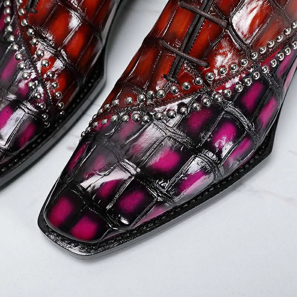 Park Time Crocodile Shoes Men's Crocodile Leather Shoes Lace Up Shoes Vintage Red & Pink