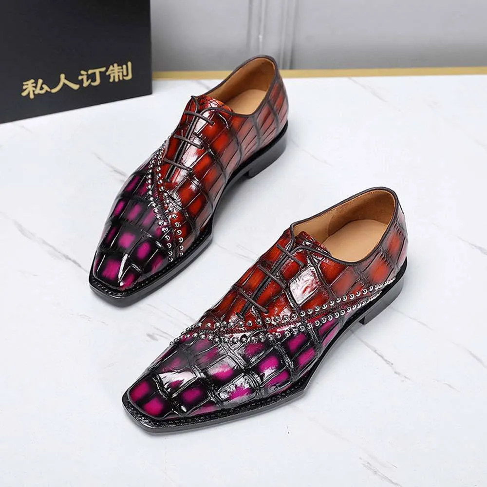 Crocodile Shoes Men's Crocodile Leather Shoes Lace Up Shoes Vintage Red & Pink Cushioned Footbed Relaxed Shoes