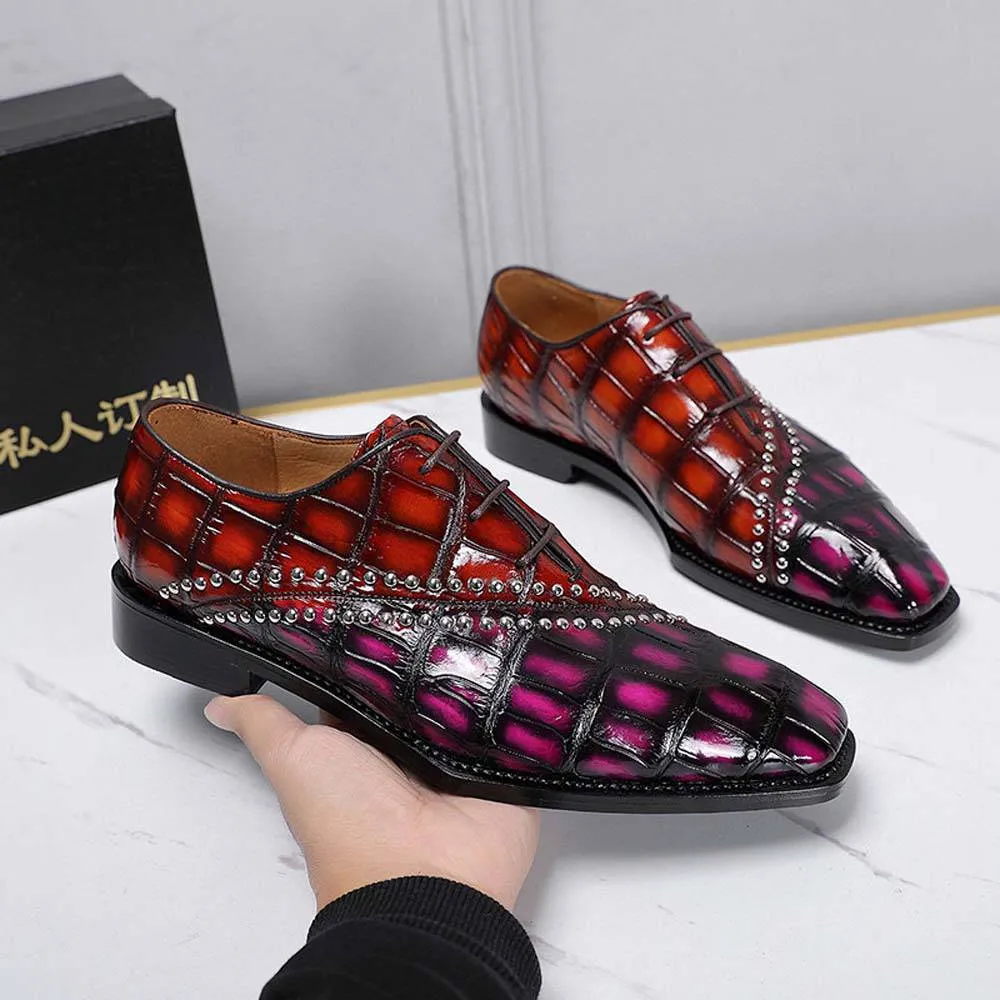 Coastal Breeze Crocodile Shoes Men's Crocodile Leather Shoes Lace Up Shoes Vintage Red & Pink