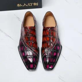 Crocodile Shoes Men's Crocodile Leather Shoes Lace Up Shoes Vintage Red & Pink waterproof Casual Style