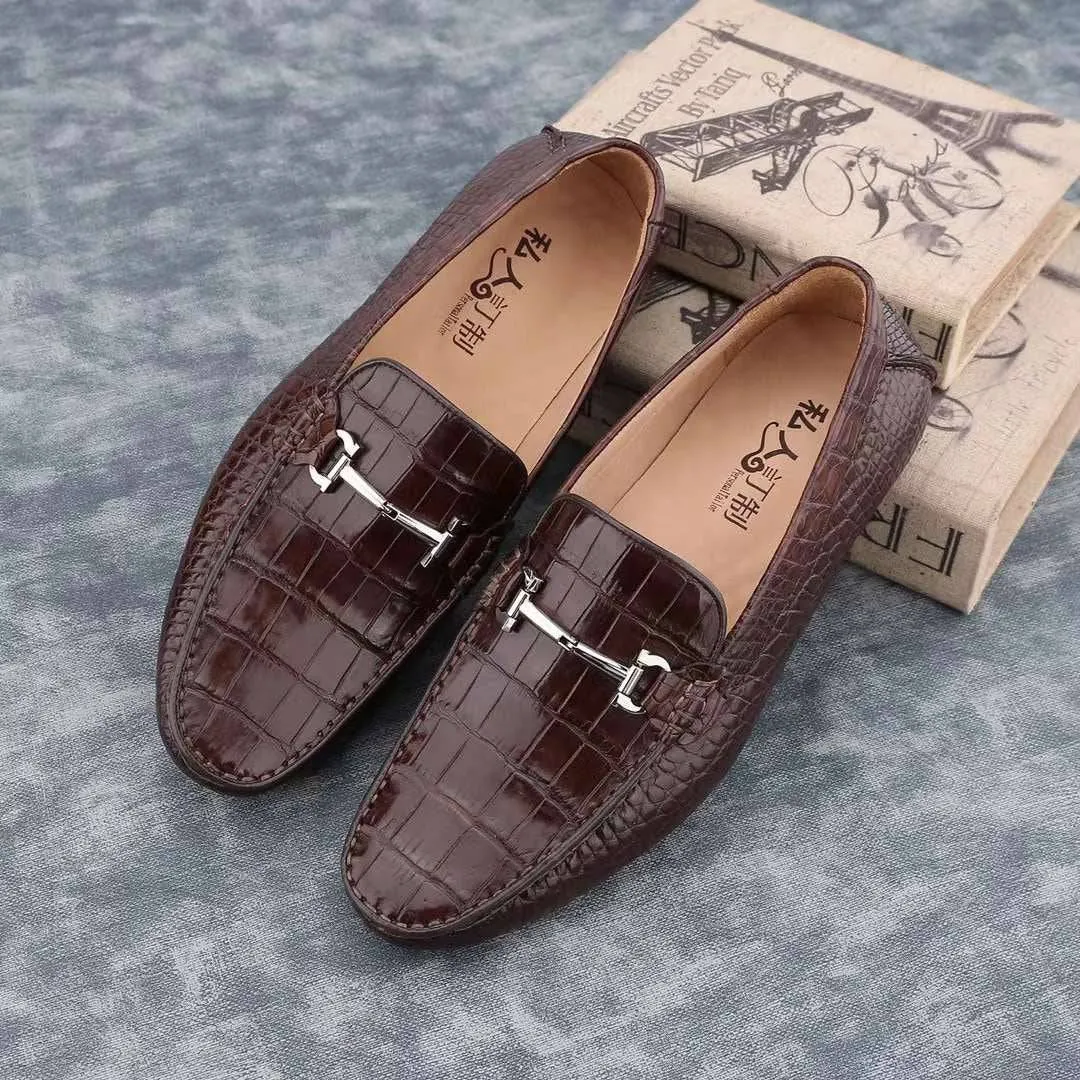 Elastic Resort Day Crocodile Shoes Men's  Crocodile Leather Slip-On Bit Loafers