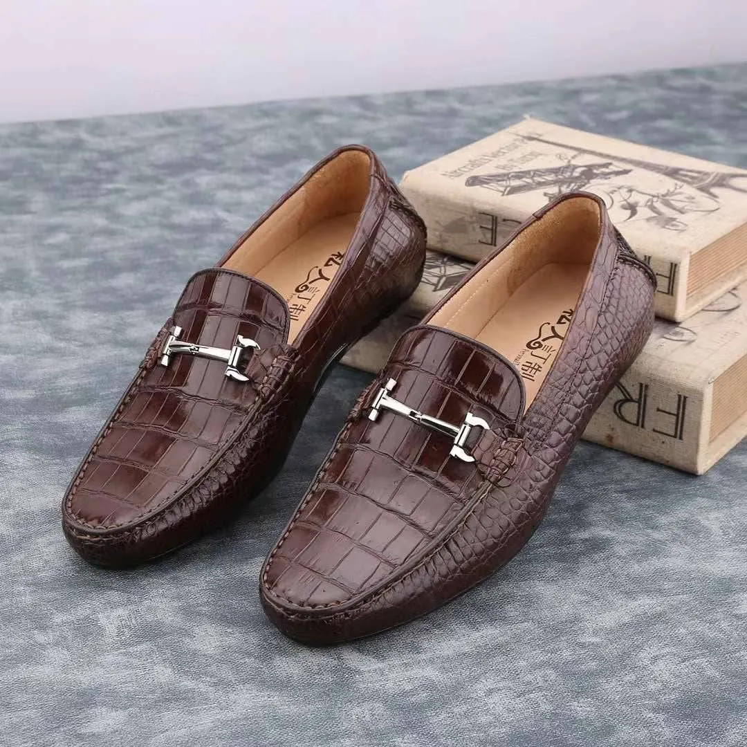 Crocodile Shoes Men's  Crocodile Leather Slip-On Bit Loafers orthopedic Easy Care Footwear