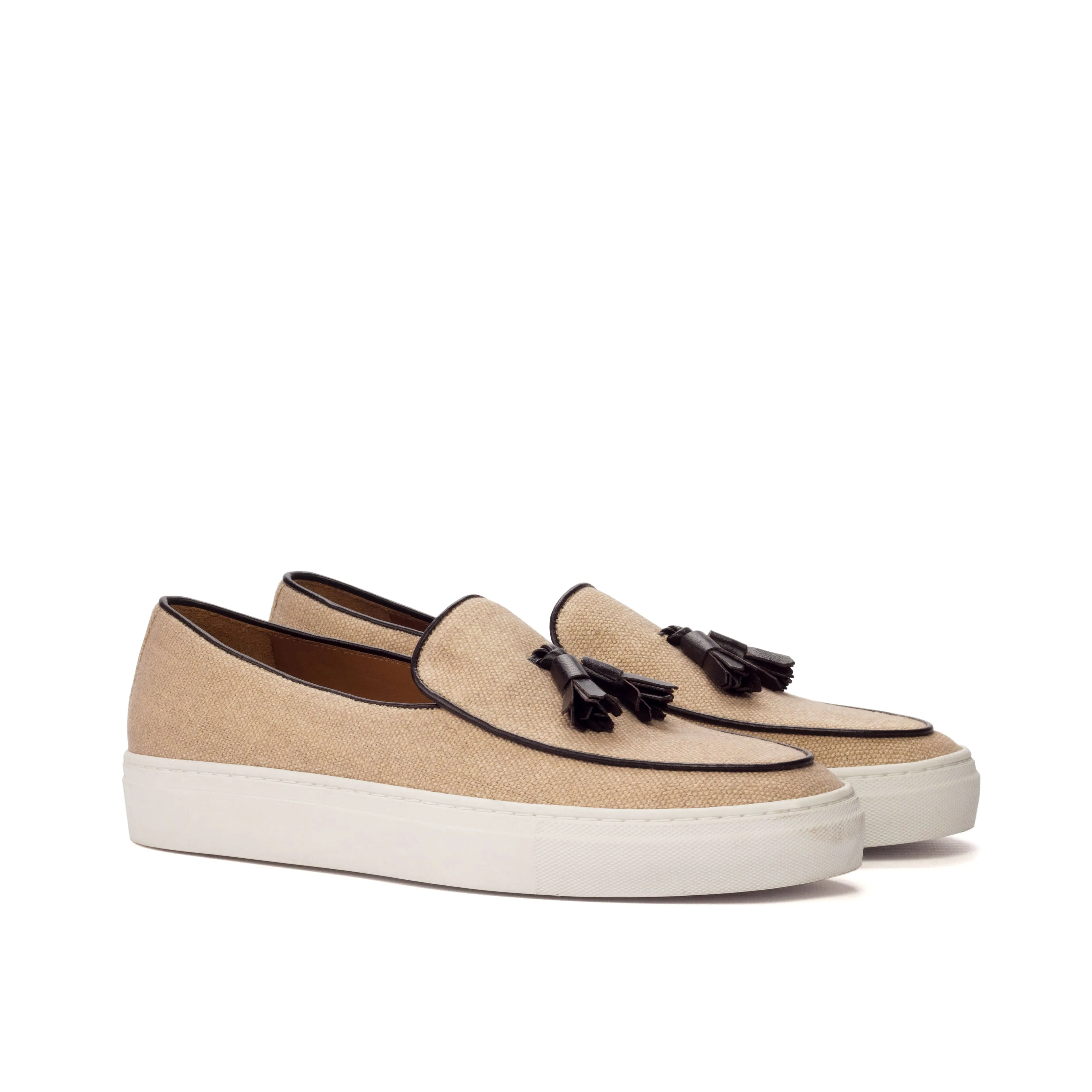 Tan Linen Belgian Sneakers Walk Clear Ankle Strap