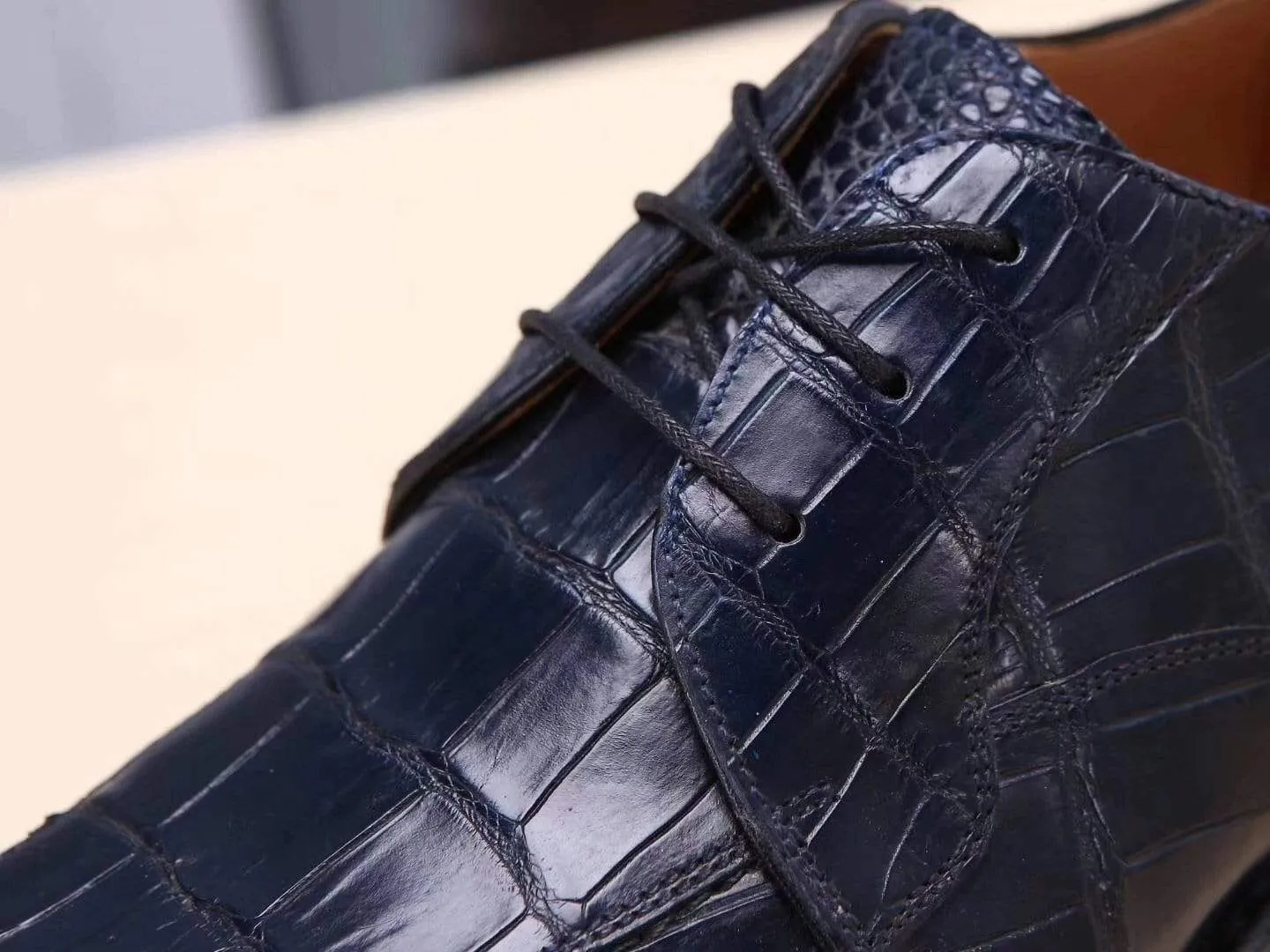 Shop Street Water Resistant Crocodile Shoes Dark Blue Men's  Crocodile Belly Leather  Lace Ups Shoes- Men's Dress Shoe,Goodyear Sole