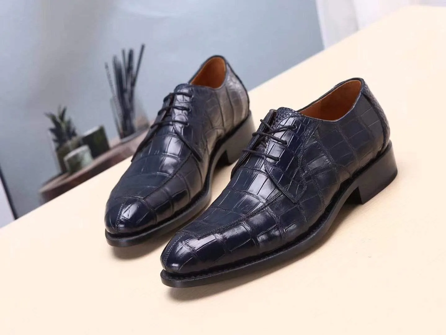 Crocodile Shoes Dark Blue Men's  Crocodile Belly Leather  Lace Ups Shoes- Men's Dress Shoe,Goodyear Sole walking shoes