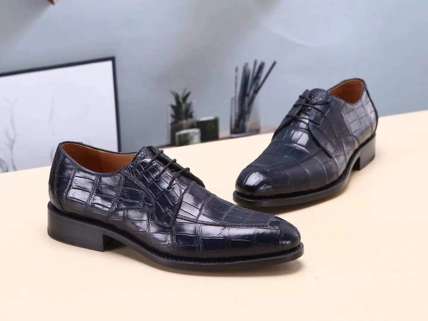 Crocodile Shoes Dark Blue Men's  Crocodile Belly Leather  Lace Ups Shoes- Men's Dress Shoe,Goodyear Sole Fashionable Touch Slip On Style