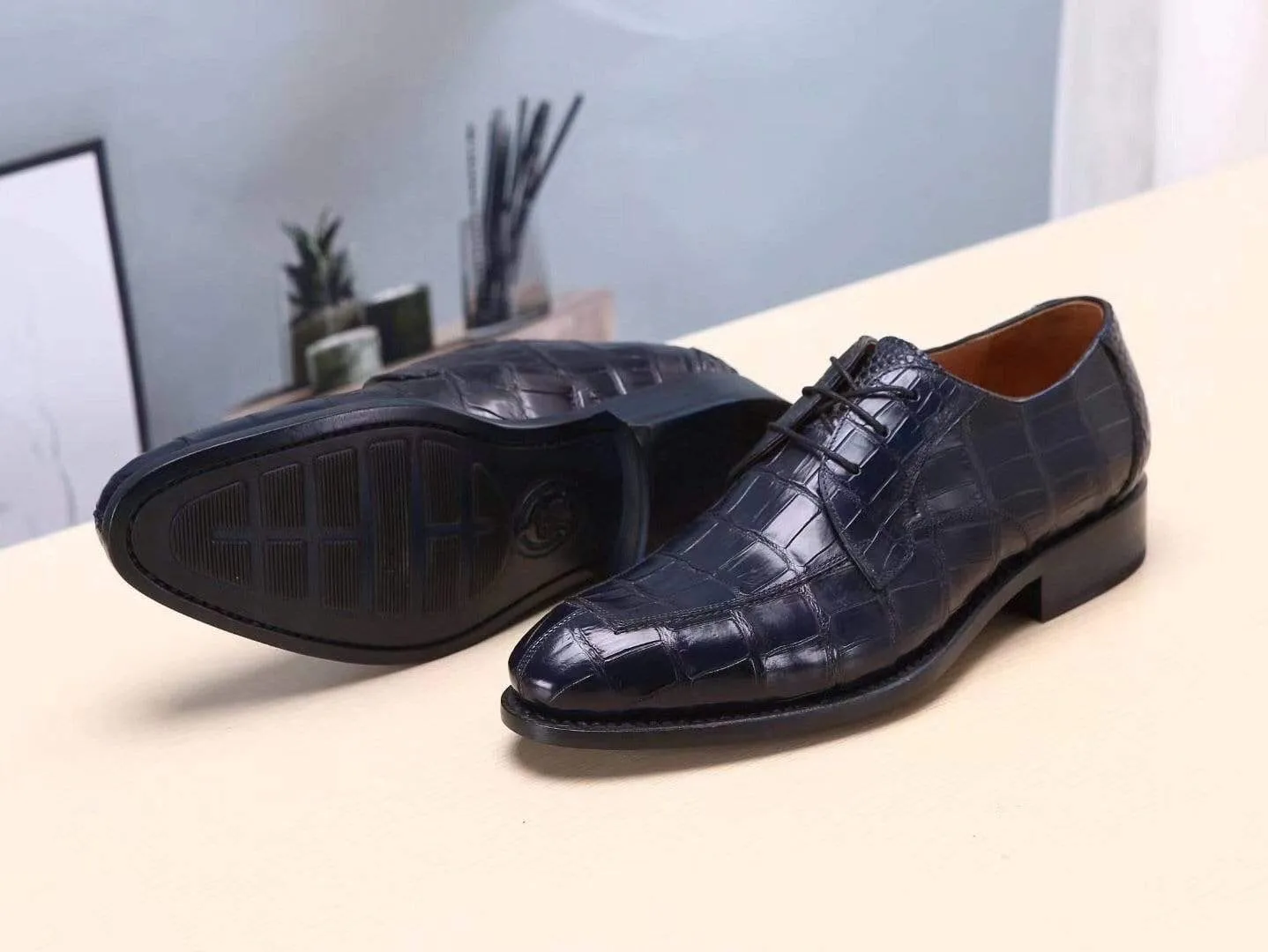 Crocodile Shoes Dark Blue Men's  Crocodile Belly Leather  Lace Ups Shoes- Men's Dress Shoe,Goodyear Sole Island Step Snug Fit Design