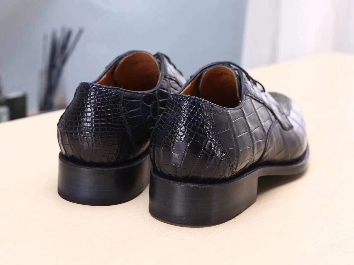 Crocodile Shoes Dark Blue Men's  Crocodile Belly Leather  Lace Ups Shoes- Men's Dress Shoe,Goodyear Sole Urban View Love Step