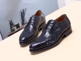Crocodile Shoes Dark Blue Men's  Crocodile Belly Leather  Lace Ups Shoes- Men's Dress Shoe,Goodyear Sole walking shoes