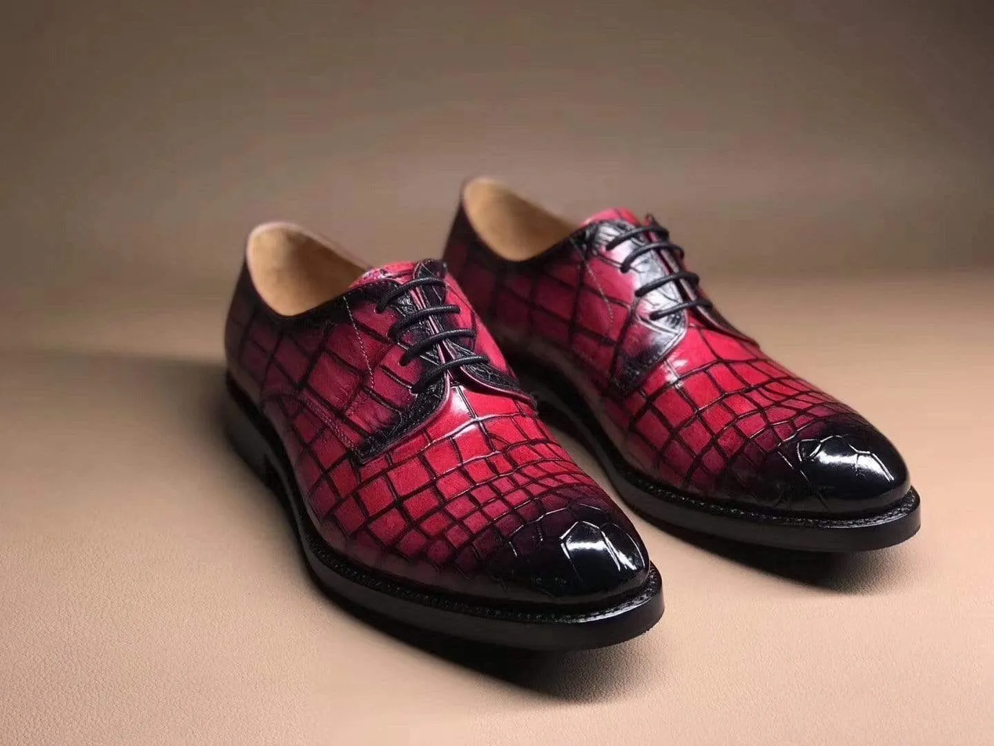 Roof View Crocodile Shoes Peach Crocodile Leather Lace Up Shoes