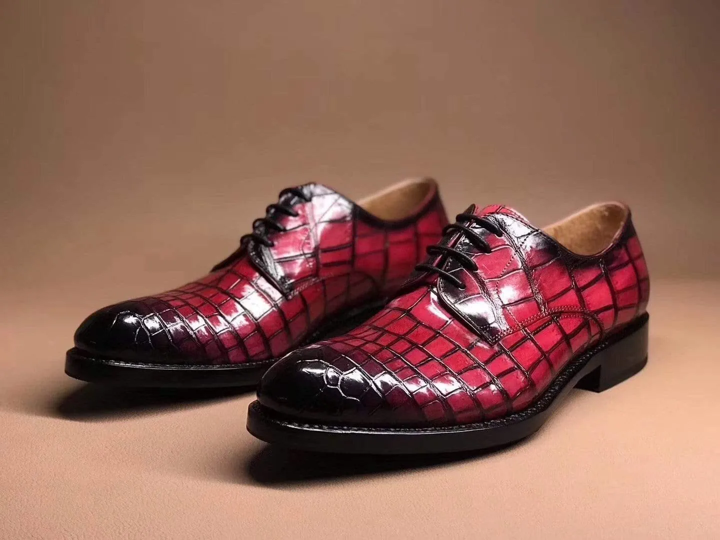 Crocodile Shoes Peach Crocodile Leather Lace Up Shoes Forest camp