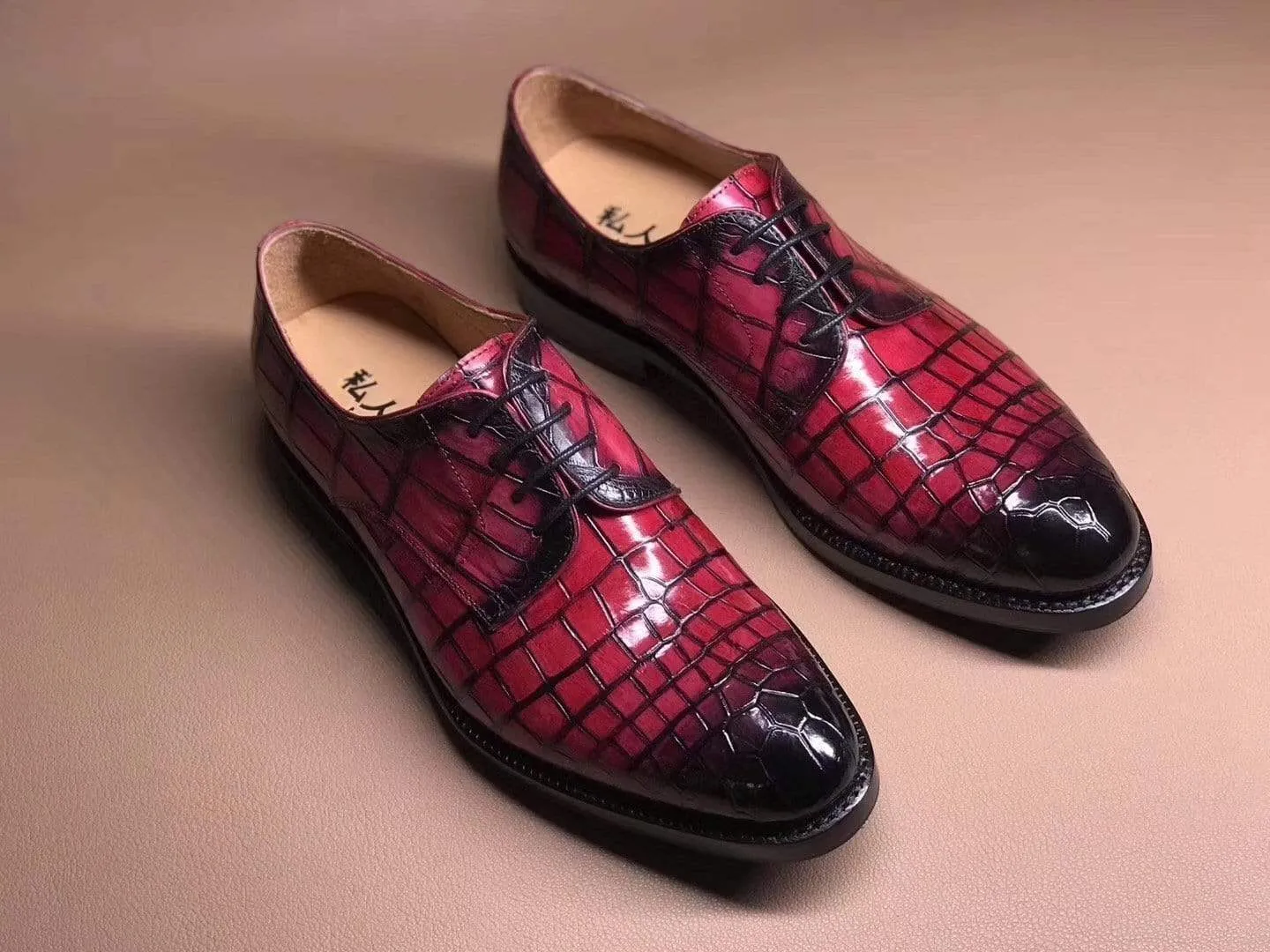 Bay Glow Crocodile Shoes Peach Crocodile Leather Lace Up Shoes