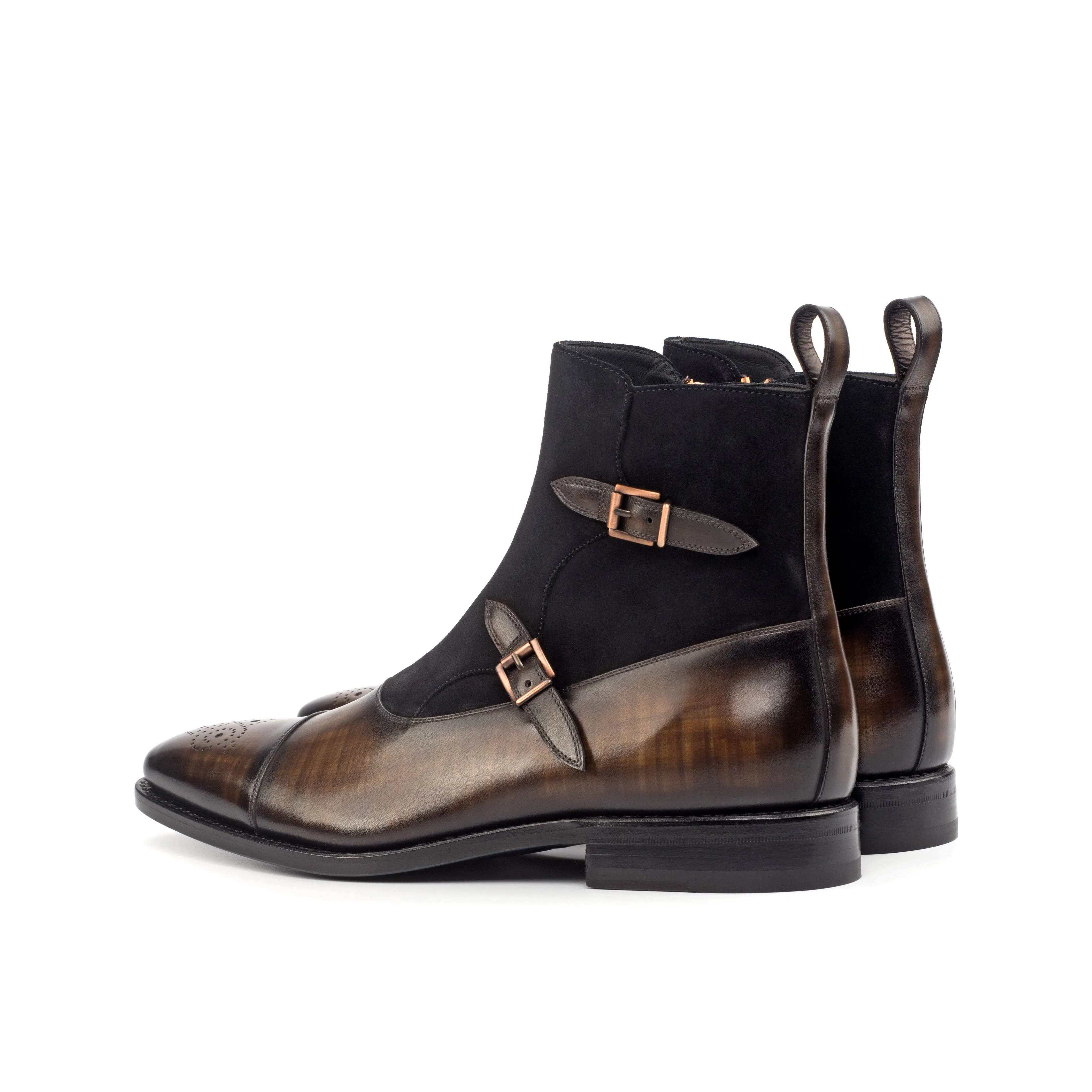 Suede & Patina Leather Double Monk Boots Style Pace