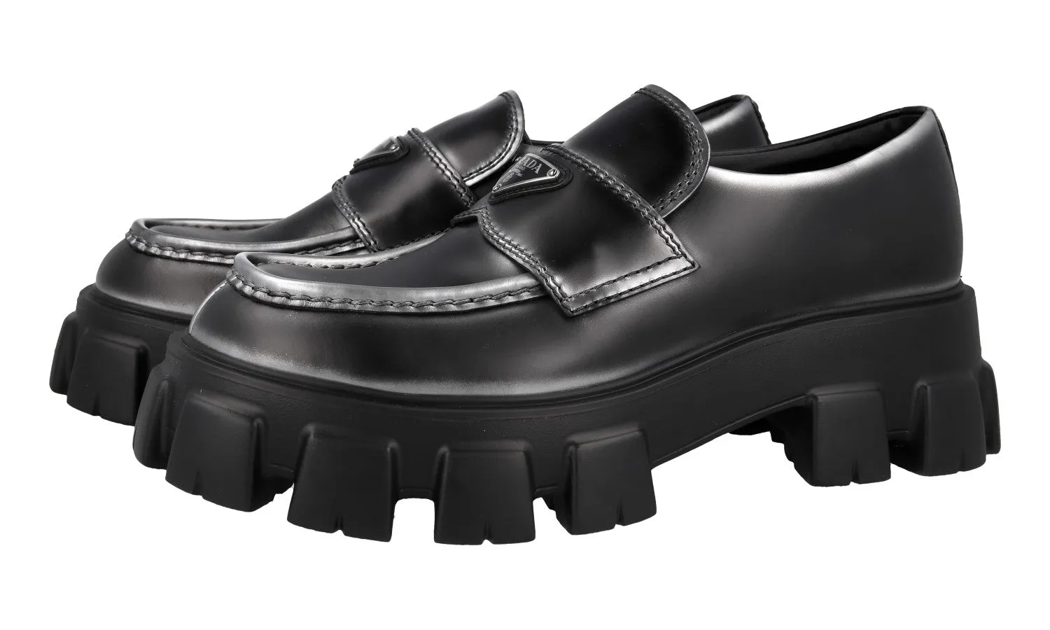 Prada Men's Black Leather Chocolate Monolith Loafers 2DE129 Breathable Shoes