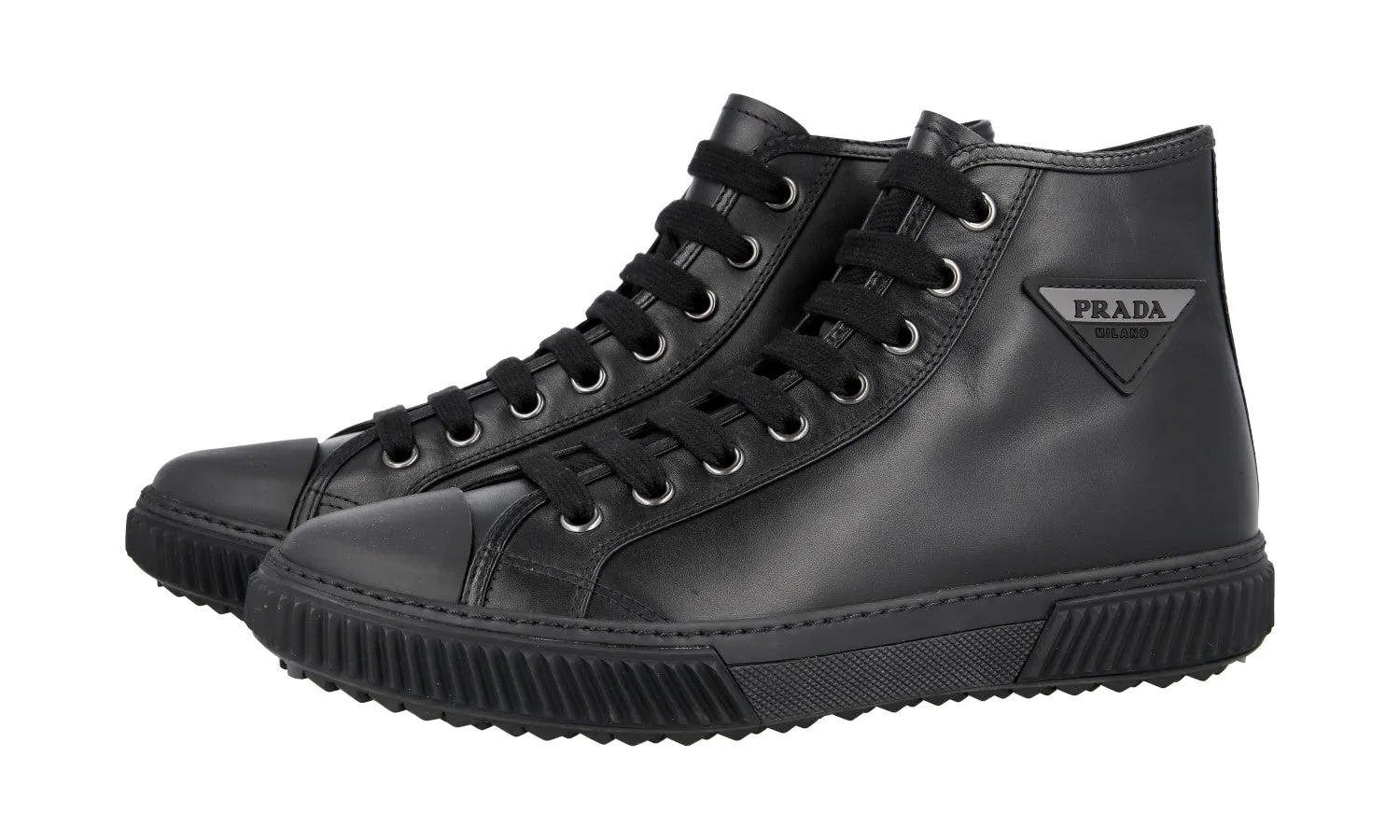 Walking Friendly Prada Men's Black Leather Stratus High-Top Sneaker 4T3306