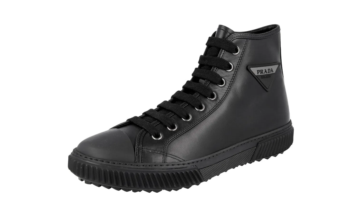 Effortless Entry Prada Men's Black Leather Stratus High-Top Sneaker 4T3306
