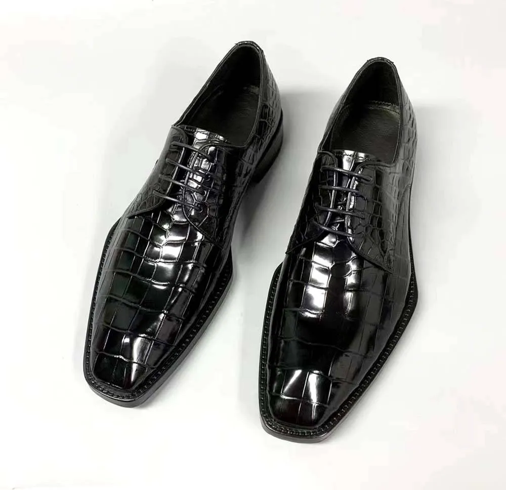 Crocodile Shoes Men's Crocodile Leather Lace-up Dress Shoes Square Toe Black Business Mens Shoes Free Shipping Size38-44 Bloom Step Wood Walk